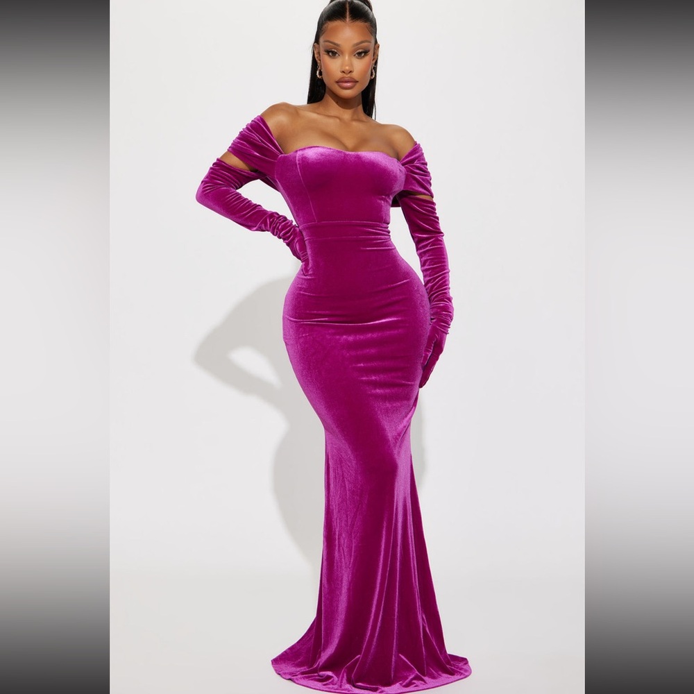 FUSHIA VELVET GOWN (with matching gloves) BRAND NEW NEVER WORN